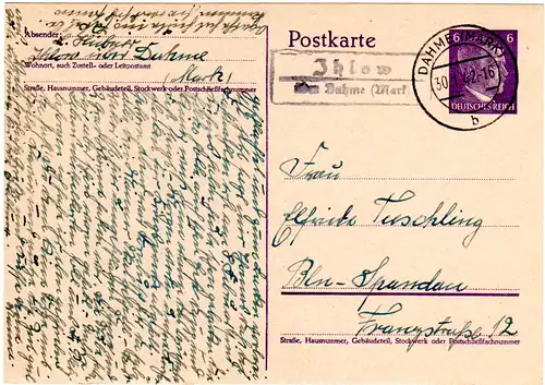 DR 1942, Landpost Stpl. Jhlow über Dahme (Mark) auf 6 Pf. Ganzsache