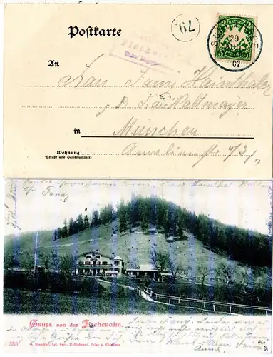 Bayern 1902, R3 Posthilfstelle FISCHERALM Taxe Bayrischzell auf sw-AK m. 5 Pf.