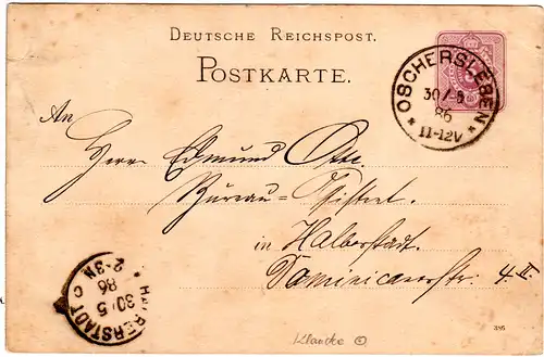 DR 1886, Klaucke Nr.119 OSCHERSLEBEN klar auf 5 Pf. Ganzsache n. Halberstadt