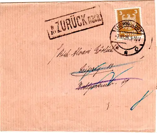 DR 1926, EF 3 Pf. auf Streifband v. Ludwigslust m. Leipzig Zurück-Stempel