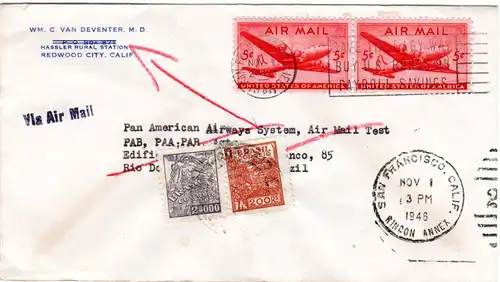 Brasilien 1946, 2 Marken als Nachsendefrankatur auf US Luftpost Brief 