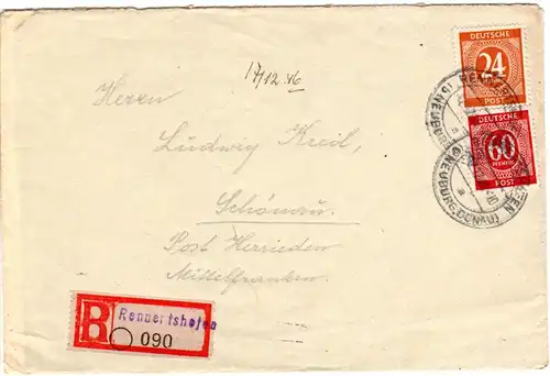 1946, 24+60 Pf. auf Brief m. provisorischem Einschreiben Zettel v. RENNERTSHOFEN