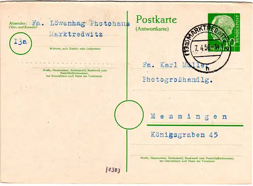 BRD P 28A, 10 Pf. Heuss Antwortteil Ganzsache zurückgebr. v. Marktredwitz