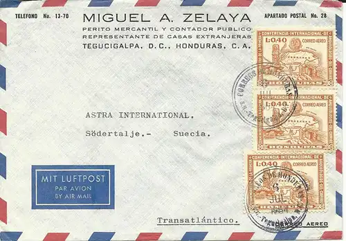Honduras 1964, MeF 3x0,40 L Archäologie Konferenz auf Luftpost Brief n. Schweden