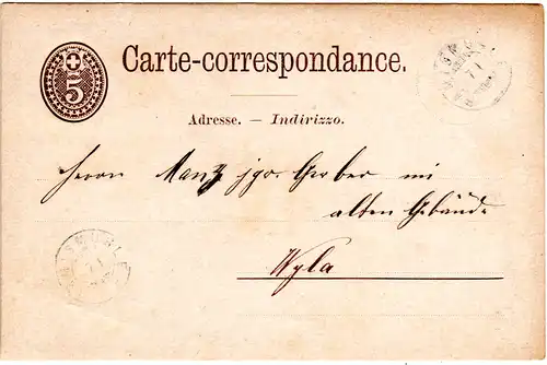 Schweiz 1878, Zwerg Stpl. RÄMISMÜHLE auf 5 C. Ganzsache n. Wyla.