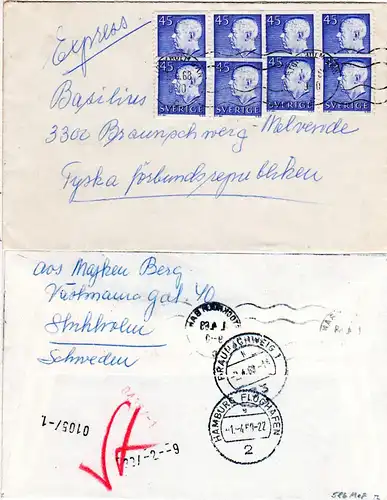 Schweden 1968, MeF 8x45 öre auf Express Brief v. Stockholm n. Deutschland