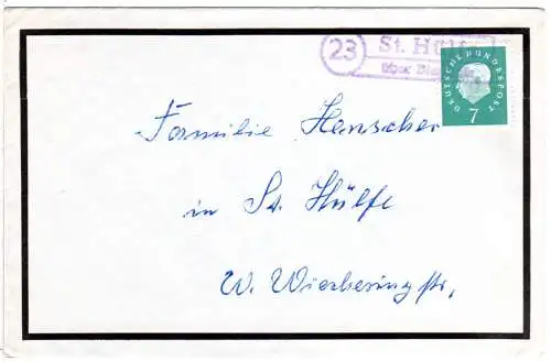 BRD, Landpost Stpl. 23 ST. HÜLFE über Diepholz auf Orts Trauer Brief m. EF 7 Pf.