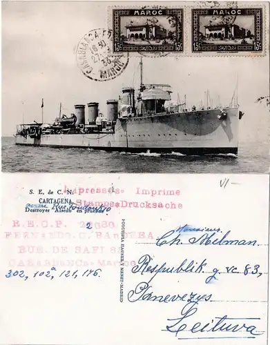 Spanien 1933, Destroyer ALSEDO, ship postcard with 2 Morocco stamps