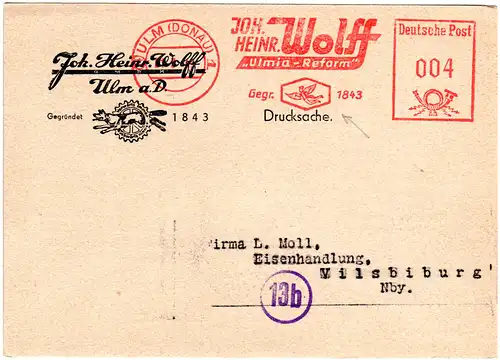 1949, Karte m. Firmen Freistpl. Ulmia-Reform v. Ulm. Abb. einer Chimäre