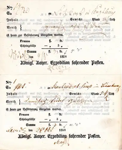 Bayern, 2 Postscheine v Nördlingen m. gr.+kl. 5 in eingedruckter Jahreszahl 1858