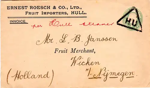 GB 1910, 1/2d Privat Ganzsache Brief "per Hull Steamer v. Hull m. Stpl. HU n. NL