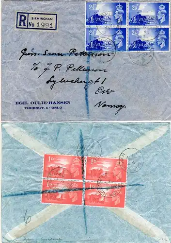 GB 1948, 1+2 1/2d Befr. Kanalinseln je im 4er-Block vs/rs auf Einschreiben Brief