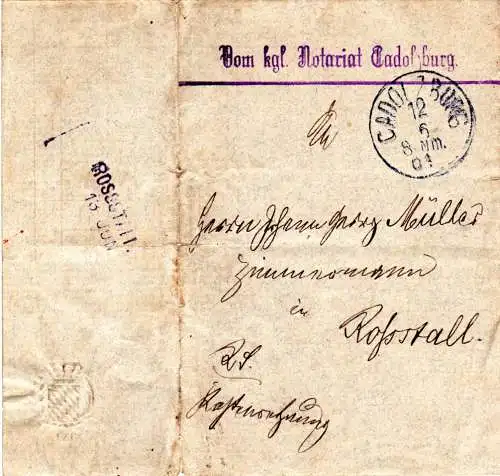 Bayern 1901, Aushilfsstpl. ROSSSTALL als Ankunft rücks. auf Brief v. Cadolzburg