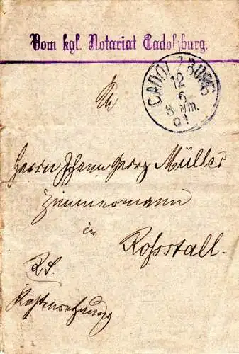 Bayern 1901, Aushilfsstpl. ROSSSTALL als Ankunft rücks. auf Brief v. Cadolzburg