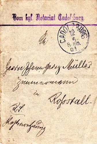 Bayern 1901, Aushilfstpl. ROSSSTALL als Ankunft rücks. auf Brief v. Cadolzburg