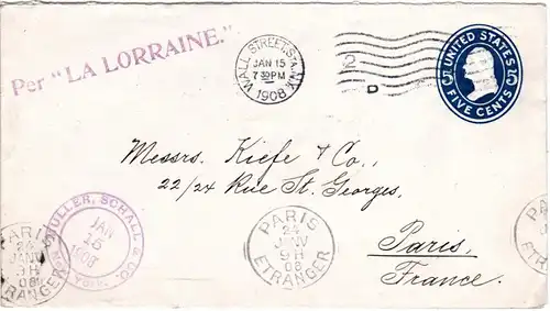 USA 1908, Schiff Stpl. Per "La LORRAINE." auf 5 C. Ganzsache v. NY n. Frankreich