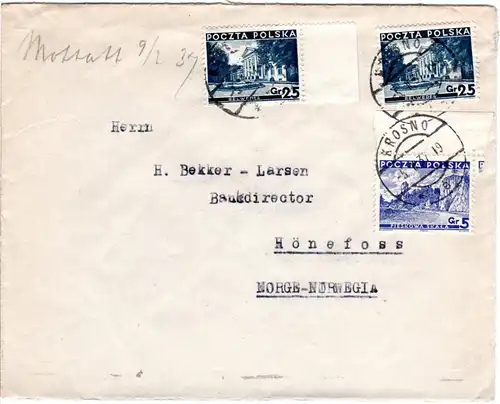 Polen 1937, 5+2x25 Gr. auf Brief v. Krosno n. Norwegen