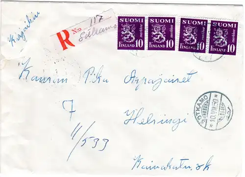 Finnland 1950, SOTKAMO, handschriftlicher Reko Zettel auf Brief m. 4x10 M.