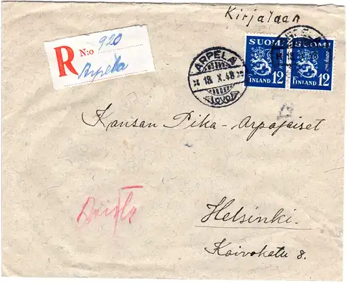 Finnland 1948, ARPELA, handschriftlicher Reko Zettel auf Brief m. Paar 12 M.