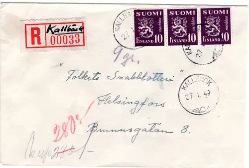 Finnland 1949, KALLBÄCK, handschriftlicher Reko Zettel auf Brief m. MeF 3x10 M