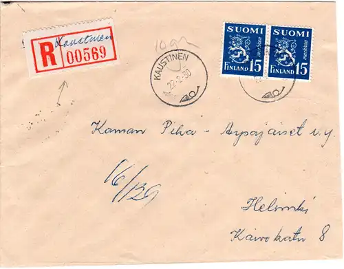 Finnland 1950, KAUSTINEN, handschriftlicher Reko Zettel auf Brief m. MeF 2x15 M
