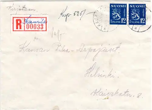 Finnland 1949, KAURILA, handschriftlicher Reko Zettel auf Brief m. MeF 2x12 M