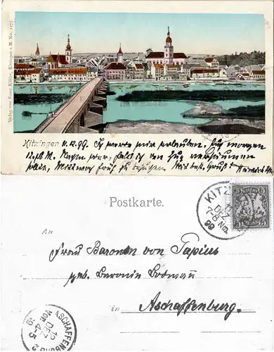 Kitzingen, Farb-AK m. Golddruck in Fenstern, Fluss u. Turmdächern