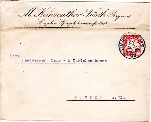 Bayern 1903, 10 Pf. Privat Ganzsache Brief M. Kunreuther Spiegel v. K1 Fürth 