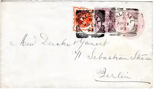 GB 1893, sqaured circle WALSALL klar auf Ganzsache Brief m. Zusatzfrankatur