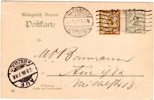 Bayern 1906, Sonderstpl. Nürnberg Deutsch Philatelistentag auf 2+3 Pf. Ganzsache