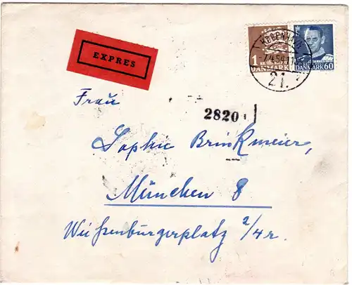 Dänemark 1954, 60 öre+ 1 Kr. auf Eilboten Brief v. Kopenhagen n. München