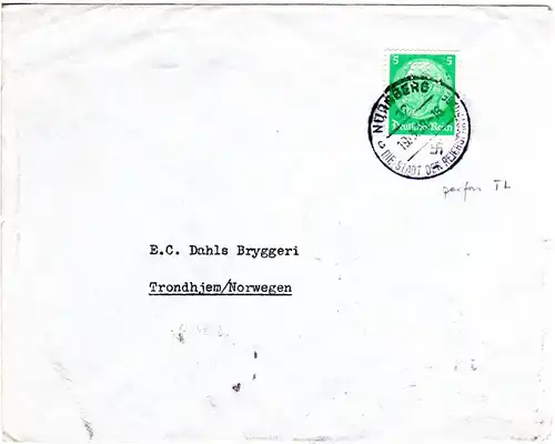 DR 1938, 5 Pf. m. perfin TL auf Firmen Brief v. Nürnberg n. Norwegen