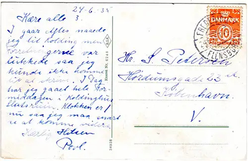 Dänemark 1935, Bahnpost Stpl. FREDERICIA-FLENSBURG auf Karte m. 10 öre.