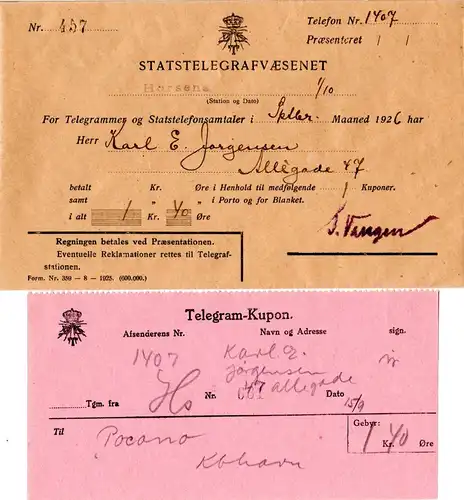 Dänemark 1926, Horsens Telegramm Kupon im offiz. Statstelegrafvaenenet Umschlag