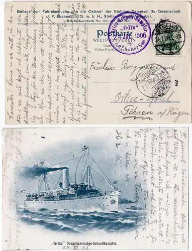 DR 1906, Schiffspostkarte Auf Hoher See "ODIN" m 5 Pf. Germania u. Stpl. Stettin
