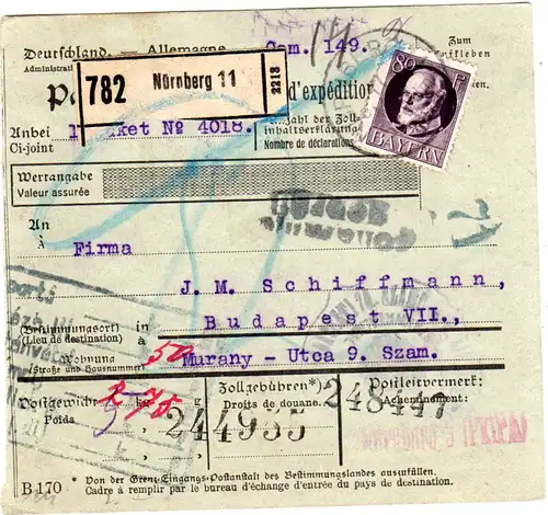 Bayern 1918, EF 80 Pf. auf Paketkarte 5 kg v. Nürnberg 11 n. Ungarn