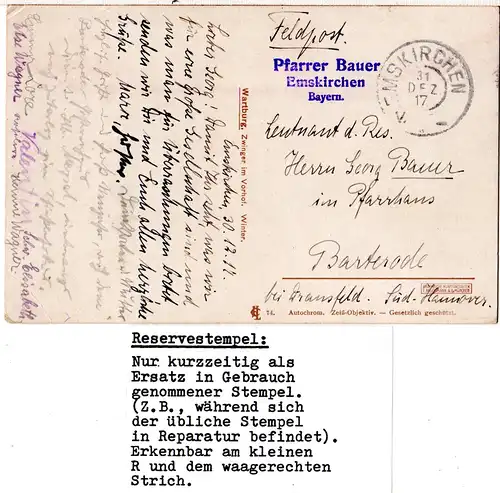 Bayern 1917, Reservestempel EMSKIRCHEN R auf Feldpost-AK