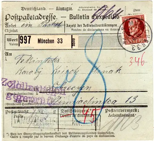 Bayern 1915, EF 50 Pf. Ludwig Type I auf Paketkarte v. MÜNCHEN 33 n. Ungarn