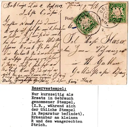 Bayern 1909, Reservestempel OBERSTAUFEN R auf Gruss aus Farb-AK m. 5 Pf.