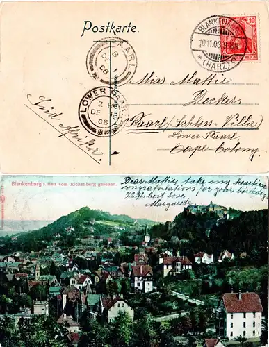 DR 1908, 10 Pf. auf Farb-AK v. BLANKENBURG (Harz) n. Paarl, Cape Colony, Afrika