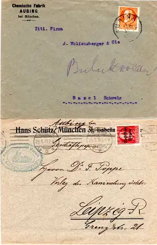 Bayern, 2 Firmen Briefe v. Aubing, 1mal m. EF 30 Pf. i.d. Schweiz