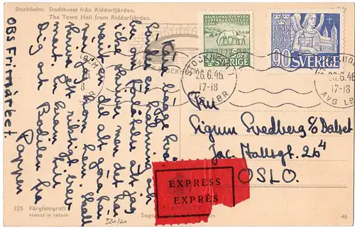 Schweden 1946, 90+5 öre auf Express Postkarte v. Stockholm n. Norwegen