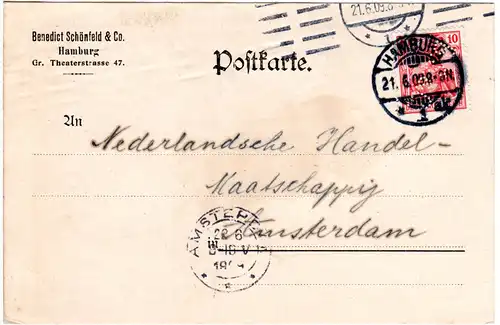 DR 1909, 10 Pf. Germania m. perfin auf Firmenkarte v. Hamburg i.d. Niederlande