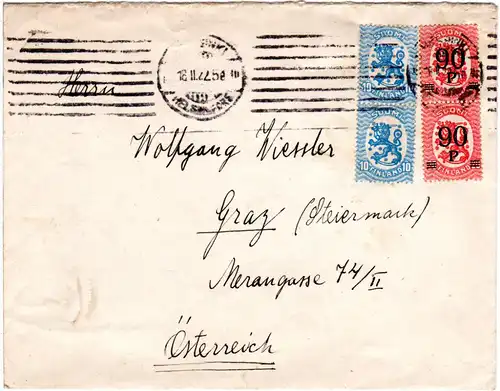 Finnland 1922, 2 Paare 90/20+10 P. auf Brief v. Helsinki n. Österreich