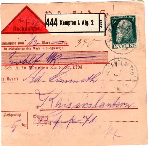 Bayern, EF 60 Pf. Type 2 auf Nachnahme Paketkarte v. KEMPTEN n. Kaiserslautern.