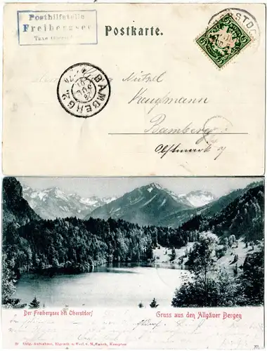 Bayern 1901, Posthilfstelle FREIBERGSEE Taxe Oberstdorf auf entspr. AK m. 5 Pf.