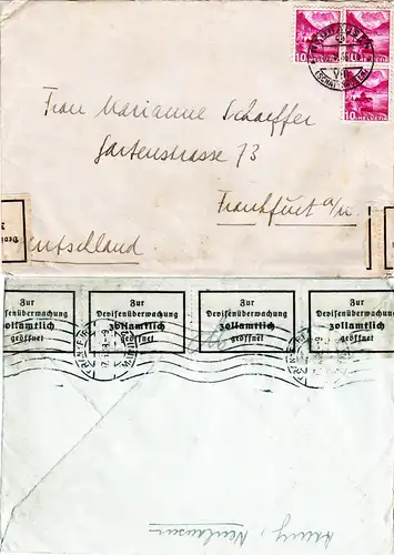 Schweiz 1938, 3x10 C. auf Brief v. Neuhausen m. DR Devisenzensur v. Frankfurt