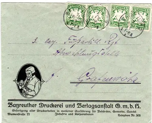 Bayern 1920, 4x5 Pf. auf attraktivem Druckerei Brief v. BAYREUTH 2 