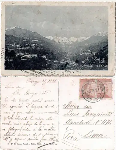 Italien 1921, sw-AK m. diversen Orten u. Paar 20 C. v. ROSAZZA n. Peru