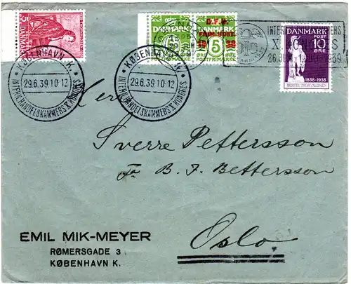 Dänemark 1939, 4 Marken auf Brief m. Stpl. Intern. Hadelskammers Kongress
